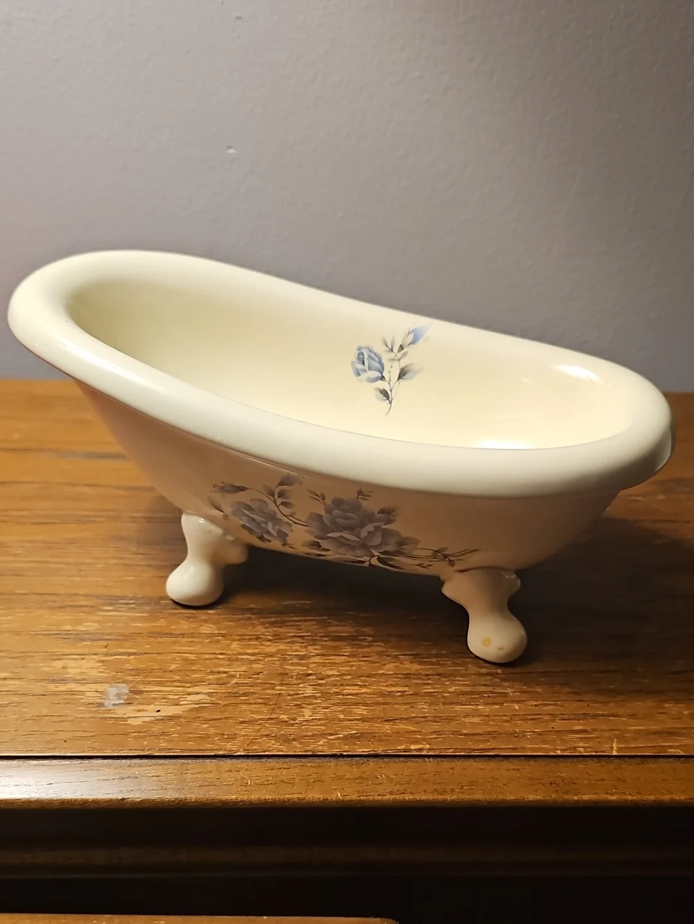 Cream Ceramic Mini Clawfoot Bathtub Decorative Dish with Blue Floral Accent